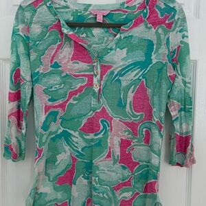 Lilly Pulitzer Vibrant Green and Pink 3/4 Sleeve Top
